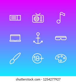 Vector illustration of 9 leisure icons line style. Editable set of 3d glasses, treble, palette and other icon elements.