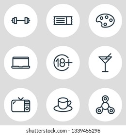 Vector illustration of 9 leisure icons line style. Editable set of spinner, barbell, 18+ and other icon elements.