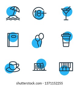 Vector illustration of 9 leisure icons line style. Editable set of cocktail, coffee to go, beach and other icon elements.