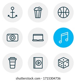 Vector illustration of 9 leisure icons line style. Editable set of dice, coffee to go, camera and other icon elements.