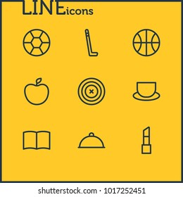 Vector illustration of 9 lifestyle icons line style. Editable set of cup, pomade, fruit and other icon elements.