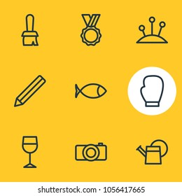 Vector illustration of 9 lifestyle icons line style. Editable set of graphite, watering can, award and other icon elements.