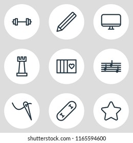 Vector illustration of 9 lifestyle icons line style. Editable set of melody, barbell, graphite and other icon elements.