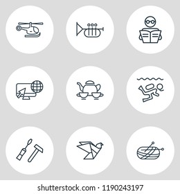 Vector illustration of 9 lifestyle icons line style. Editable set of trumpet, reading, knitting and other icon elements.