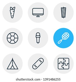 Vector illustration of 9 lifestyle icons line style. Editable set of tent, puzzle, rocket and other icon elements.