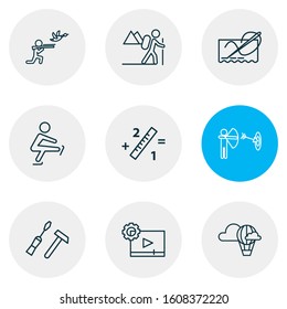Vector illustration of 9 lifestyle icons line style. Editable set of hot air balloon, math, carpentry and other icon elements.