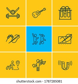 Vector illustration of 9 lifestyle icons line style. Editable set of acting, stitching, beading and other icon elements.