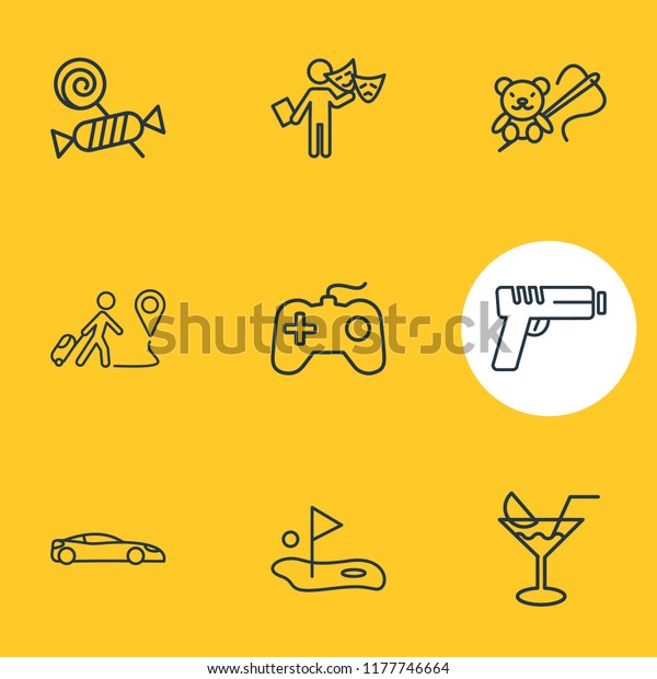 Vector illustration
of 9 lifestyle icons line style. Editable set of game console,
candy, acting icon
elements.