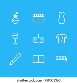 Vector Illustration Of 9 Lifestyle Outline Icons. Editable Set Of Joystick, Laboratory, Casual And Other Elements.
