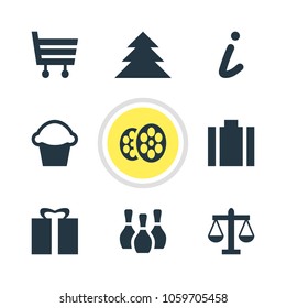 Vector illustration of 9 location icons. Editable set of bakery, market, gift and other icon elements.