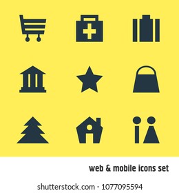 Vector illustration of 9 location icons. Editable set of forest, star, academy and other icon elements.