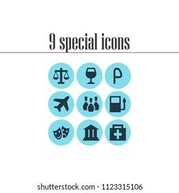 Vector illustration of 9 location icons. Editable set of theatre, airplane, gas station and other icon elements.