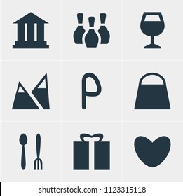Vector illustration of 9 location icons. Editable set of restaurant, bowling pins, gift and other icon elements.
