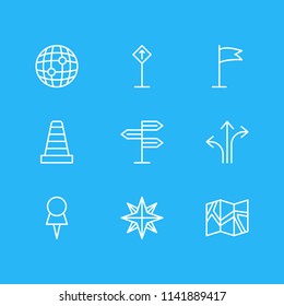 Vector illustration of 9 location icons line style. Editable set of flag, map, globe and other icon elements.