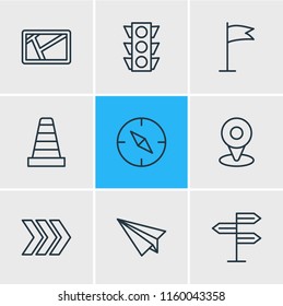 Vector illustration of 9 location icons line style. Editable set of paper plane, flag, direction and other icon elements.