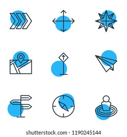 Vector illustration of 9 location icons line style. Editable set of paper plane, read sign, check-in and other icon elements.