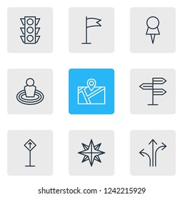 Vector illustration of 9 location icons line style. Editable set of read sign, navigation, compass and other icon elements.