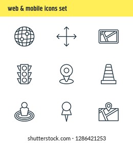 Vector illustration of 9 location icons line style. Editable set of traffic light, pushpin, navigator and other icon elements.