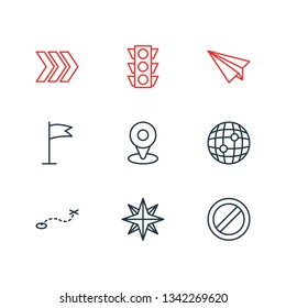 Vector illustration of 9 location icons line style. Editable set of flag, no entry, globe and other icon elements.