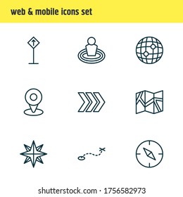 Vector illustration of 9 location icons line style. Editable set of globe, read sign, check-in and other icon elements.