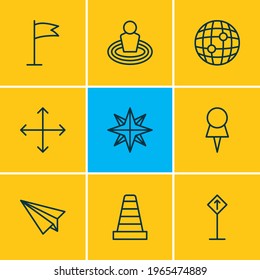 Vector illustration of 9 location icons line style. Editable set of read sign, globe, check-in and other icon elements.