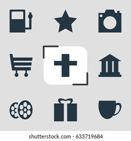 Vector Illustration Of 9 Location Icons. Editable Pack Of Bookmark, Present, Cross And Other Elements.