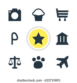 Vector Illustration Of 9 Location Icons. Editable Pack Of Cake, University, Shopping Cart And Other Elements.