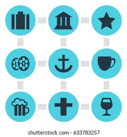Vector Illustration Of 9 Location Icons. Editable Pack Of Wineglass, University, Film And Other Elements.