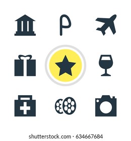 Vector Illustration Of 9 Location Icons. Editable Pack Of Bookmark, Car Park, Photo Device And Other Elements.