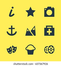 Vector Illustration Of 9 Location Icons. Editable Pack Of Landscape, Map Information, Masks Elements.