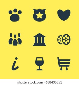 Vector Illustration Of 9 Location Icons. Editable Pack Of Cop, Wineglass, Film And Other Elements.
