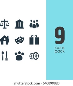 Vector Illustration Of 9 Location Icons. Editable Pack Of Present, Masks, Cafe And Other Elements.