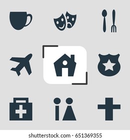 Vector Illustration Of 9 Location Icons. Editable Pack Of Cross, Home, Masks And Other Elements.