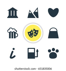 Vector Illustration Of 9 Location Icons. Editable Pack Of University, Handbag, Refueling Elements.