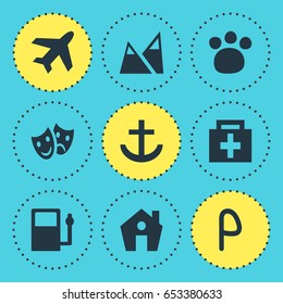 Vector Illustration Of 9 Location Icons. Editable Pack Of Refueling, Car Park, Masks And Other Elements.