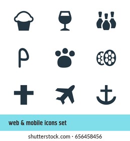 Vector Illustration Of 9 Location Icons. Editable Pack Of Aircraft, Cross, Pet Shop And Other Elements.