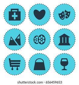 Vector Illustration Of 9 Location Icons. Editable Pack Of Film , Handbag, Masks Elements.