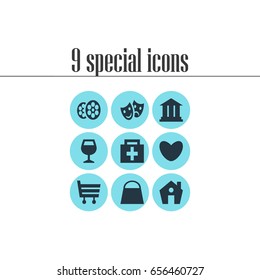 Vector Illustration Of 9 Location Icons. Editable Pack Of University, Film, Masks And Other Elements.