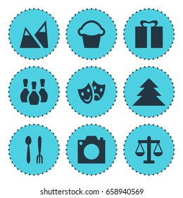 Vector Illustration Of 9 Location Icons. Editable Pack Of Masks, Cafe, Present And Other Elements.