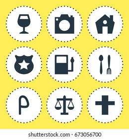 Vector Illustration Of 9 Location Icons. Editable Pack Of Wineglass, Photo Device, Cross And Other Elements.