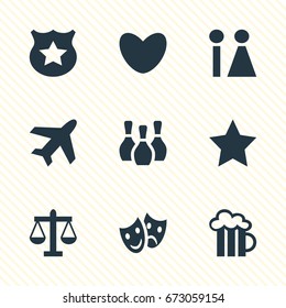 Vector Illustration Of 9 Location Icons. Editable Pack Of Aircraft, Toilet, Cop And Other Elements.