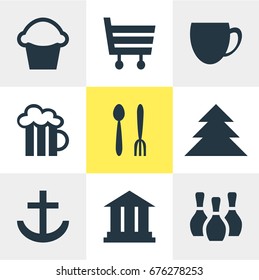 Vector Illustration Of 9 Location Icons. Editable Pack Of Cafe, Skittles, Coffee Shop And Other Elements.