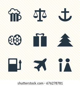 Vector Illustration Of 9 Location Icons. Editable Pack Of Refueling, Film, Scales And Other Elements.