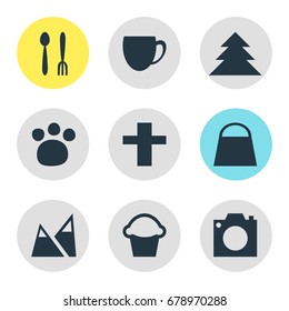Vector Illustration Of 9 Location Icons. Editable Pack Of Handbag, Photo Device, Cake Elements.