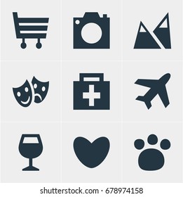 Vector Illustration Of 9 Location Icons. Editable Pack Of Pet Shop, Drugstore, Photo Device And Other Elements.