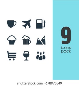 Vector Illustration Of 9 Location Icons. Editable Pack Of Cupcake, Refueling, Landscape Elements.