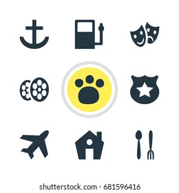 Vector Illustration Of 9 Location Icons. Editable Pack Of Refueling, Aircraft, Pet Shop And Other Elements.
