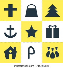 Vector Illustration Of 9 Location Icons. Editable Pack Of Anchor, Home, Skittles And Other Elements.