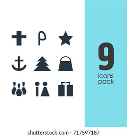 Vector Illustration Of 9 Location Icons. Editable Pack Of Bookmark, Skittles, Anchor And Other Elements.