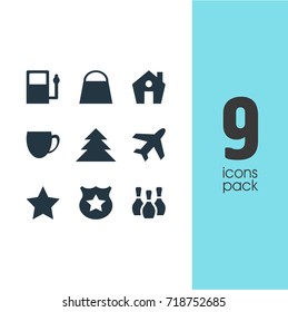 Vector Illustration Of 9 Location Icons. Editable Pack Of Handbag, Home, Coffee Shop Elements.